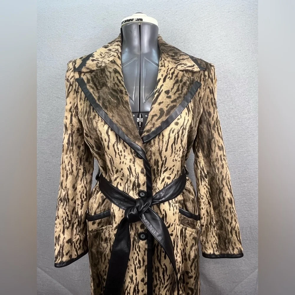 DESIGNER JAVIER SIMORRA BARCELONA COAT BUTTON UP Cheetah Print WAIST BELT SIZE 8 - Picture 3 of 10
